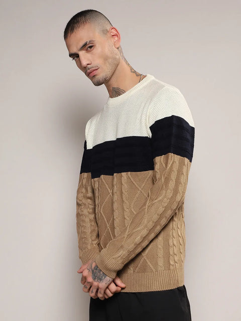 Just Be Contrast Panel Cable Knit Sweater