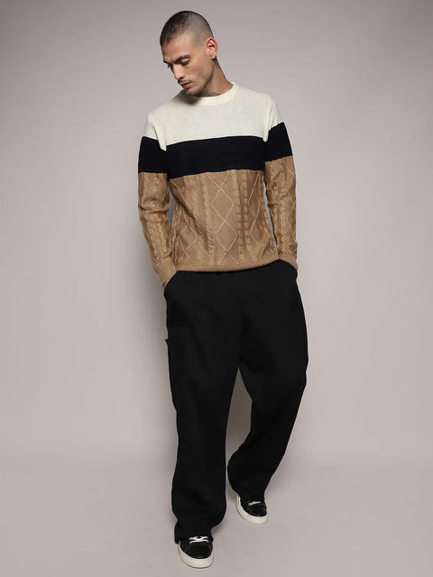 Just Be Contrast Panel Cable Knit Sweater