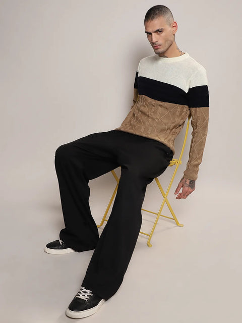 Hooked Contrast Panel Cable Knit Sweater