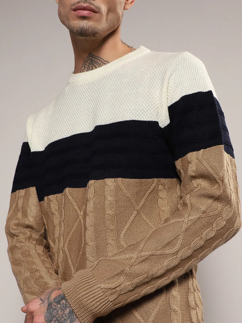 Men Multicolour Contrast Panel Cable Knit Sweater