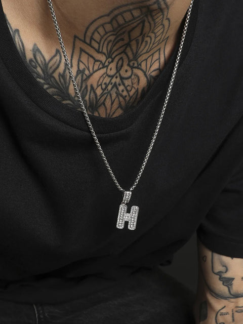 Mens-Embellished-H-Alphabet-Pendant-Necklace-Silver
