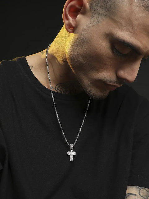 Chaos - Embellished T Alphabet Pendant with Chain - Silver
