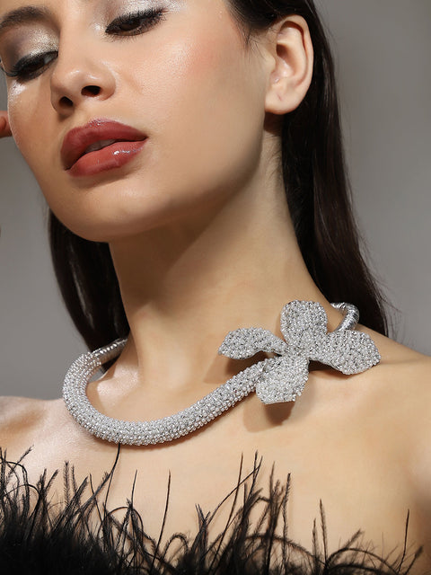Sohi - The Bling-Petalia Statement Necklace - Crystal Silver