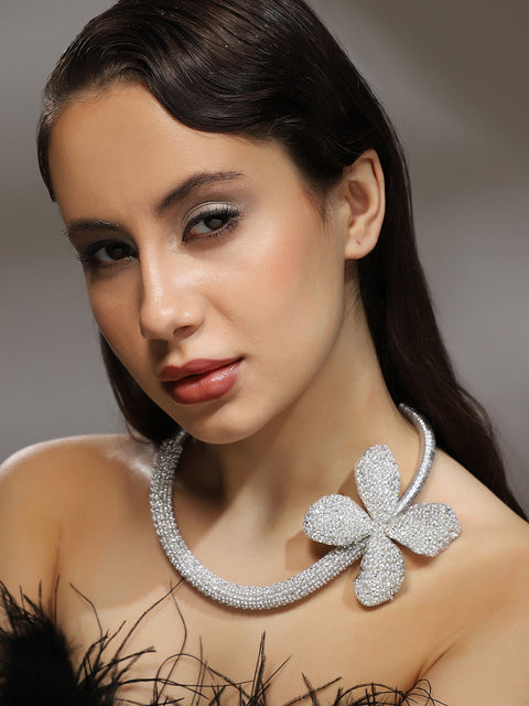 Sohi - The Bling-Petalia Statement Necklace - Crystal Silver