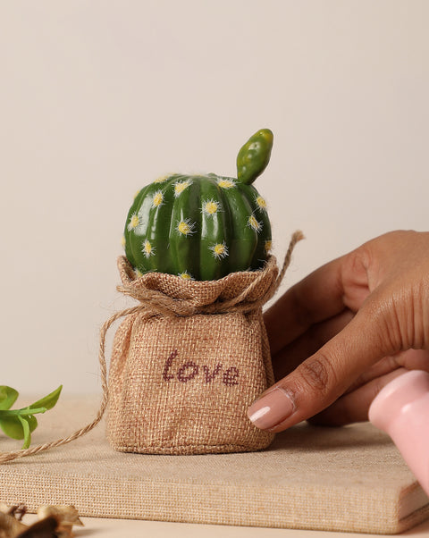 Faux Cactus In Burlap Sack Pot