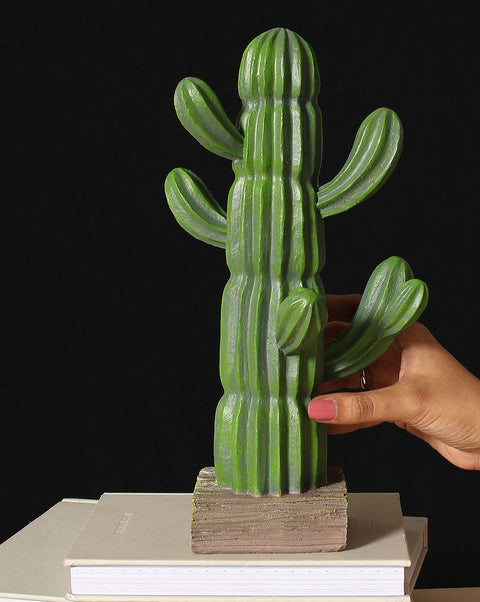 Faux Cactus On Wooden Stand