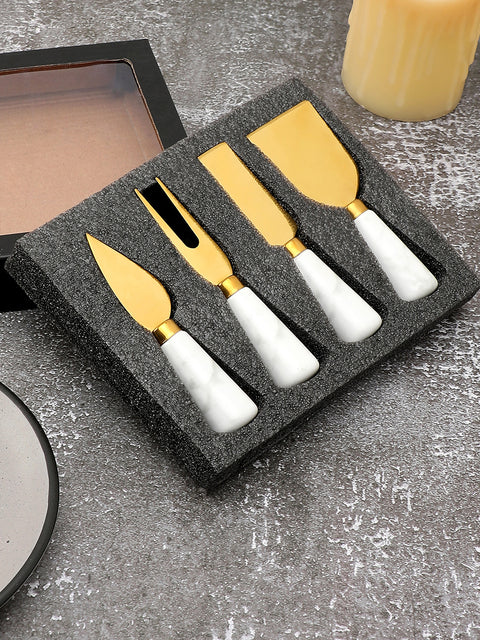 White & Gold Marble Textured Ceramic & Stainless Steel Pastry Knife Set