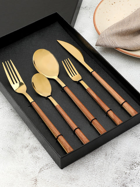 Brown & Gold Solid Wood & Stainless Steel Cutlery Set