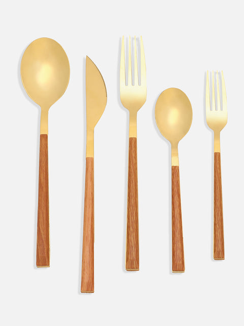 Brown & Gold Solid Wood & Stainless Steel Cutlery Set