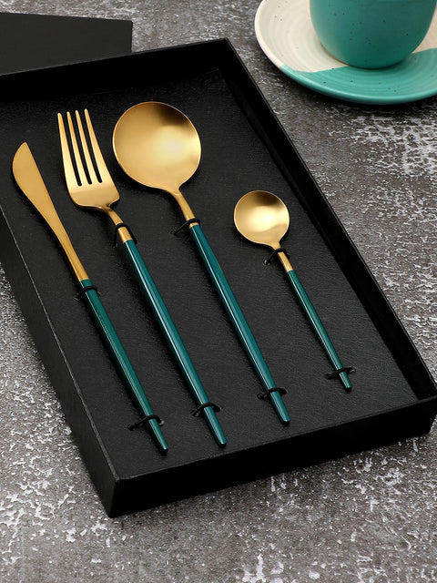 Forest Green & Gold Solid Stainless Steel Cutlery Set