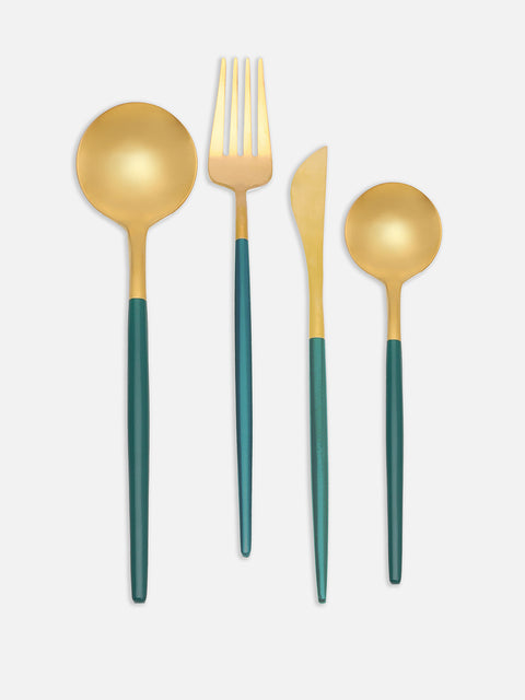 Forest Green & Gold Solid Stainless Steel Cutlery Set