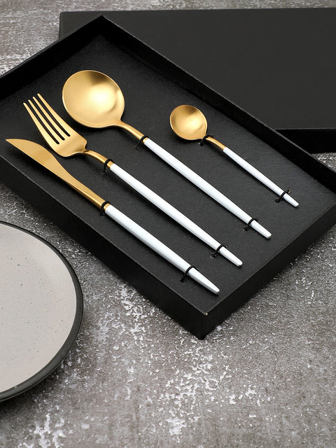 White & Gold Solid Stainless Steel Cutlery Set