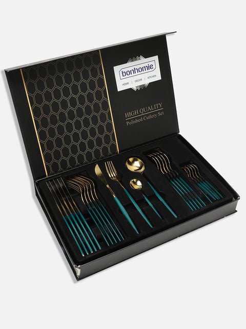 Forest Green & Gold Solid Stainless Steel Cutlery Set