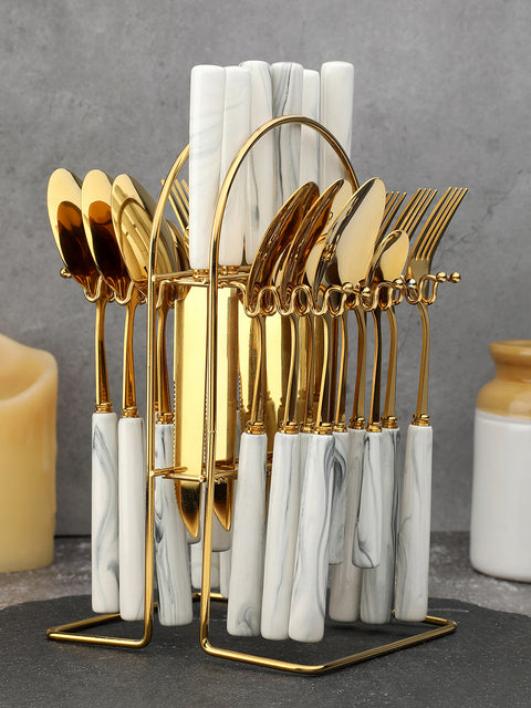White Black Gold Marble Textured Ceramic & Stainless Steel Cutlery Set