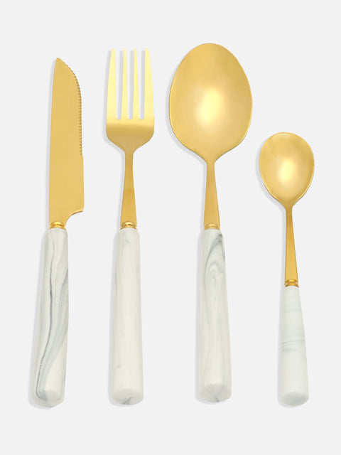 White Black Gold Marble Textured Ceramic & Stainless Steel Cutlery Set