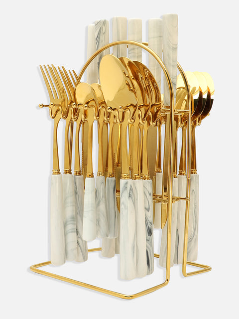 White Black Gold Marble Textured Ceramic & Stainless Steel Cutlery Set