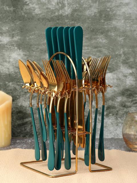 Forest Green & Gold Solid Stainless Steel Cutlery Set