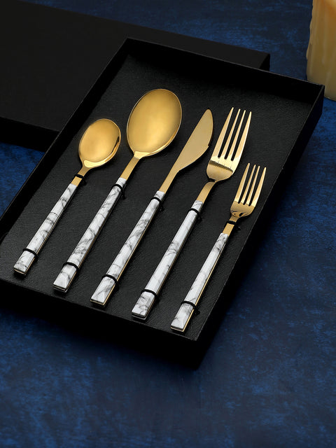 White Black Gold Marble Textured Ceramic & Stainless Steel Cutlery Set