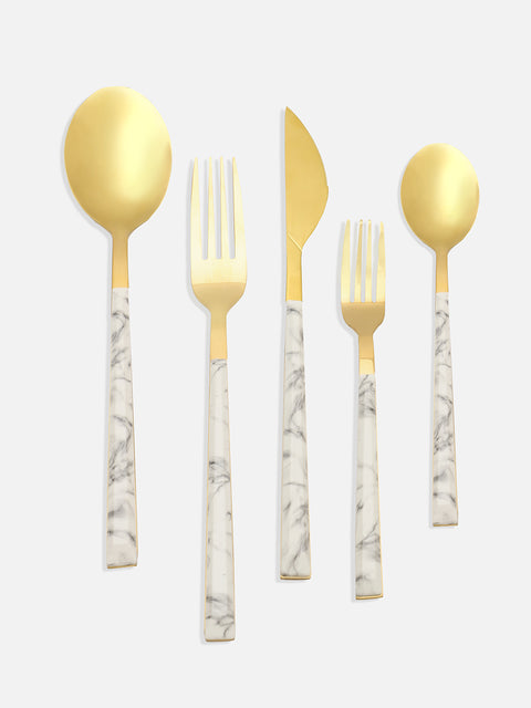 White Black Gold Marble Textured Ceramic & Stainless Steel Cutlery Set