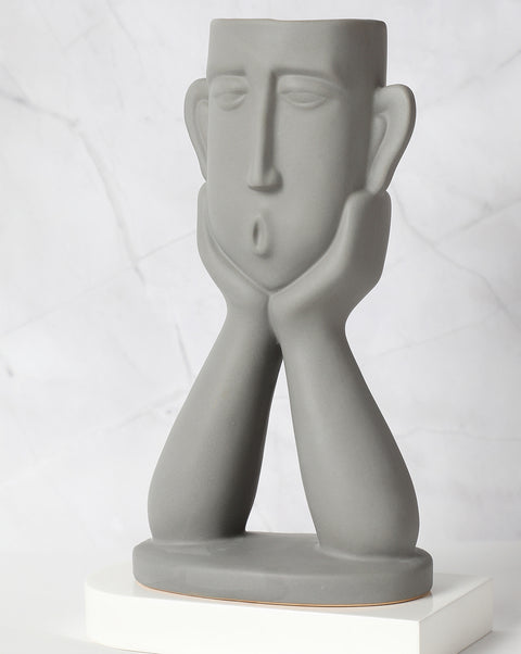 Grey Abstract Face Ceramic Vase