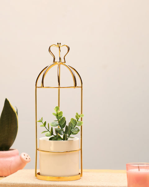 White Ceramic Planter with Golden Stand