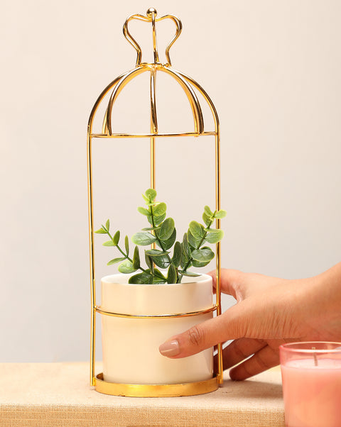 White Ceramic Planter with Golden Stand