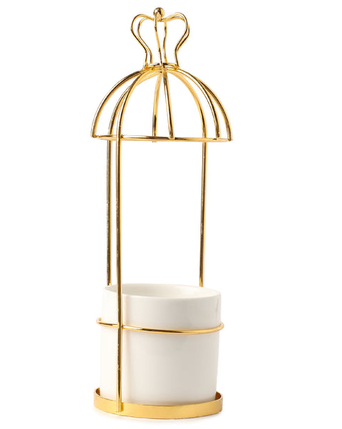 White Ceramic Planter with Golden Stand