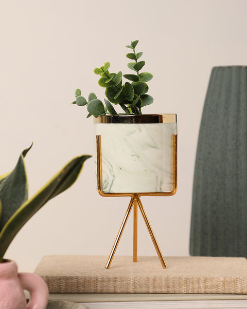 White & Grey Marble Ceramic Planter with Gold Rim and Three-Legged Stand