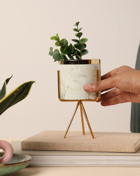 White & Grey Marble Ceramic Planter with Gold Rim and Three-Legged Stand