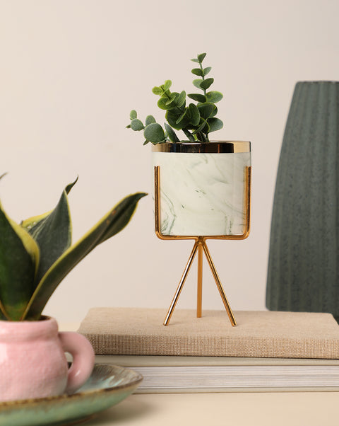 White & Grey Marble Ceramic Planter with Gold Rim and Three-Legged Stand