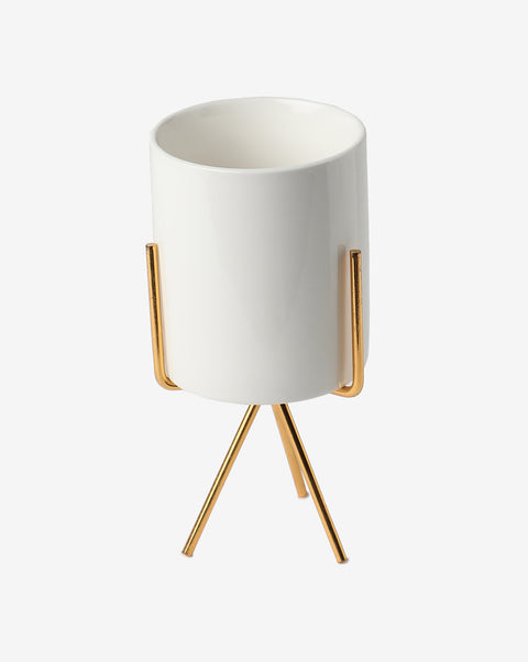 White & Grey Marble Ceramic Planter with Gold Rim and Three-Legged Stand