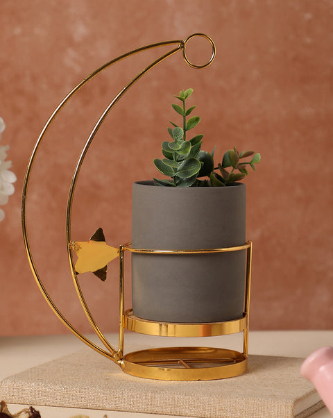 Grey Ceramic Planter With Gold Stand
