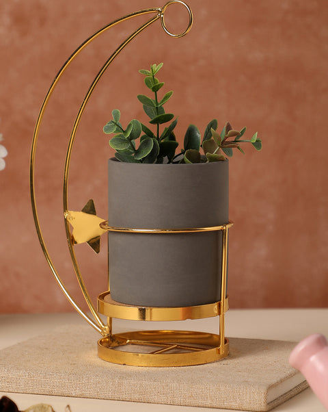 Grey Ceramic Planter With Gold Stand