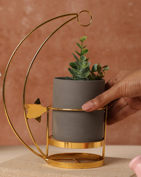Grey Ceramic Planter With Gold Stand