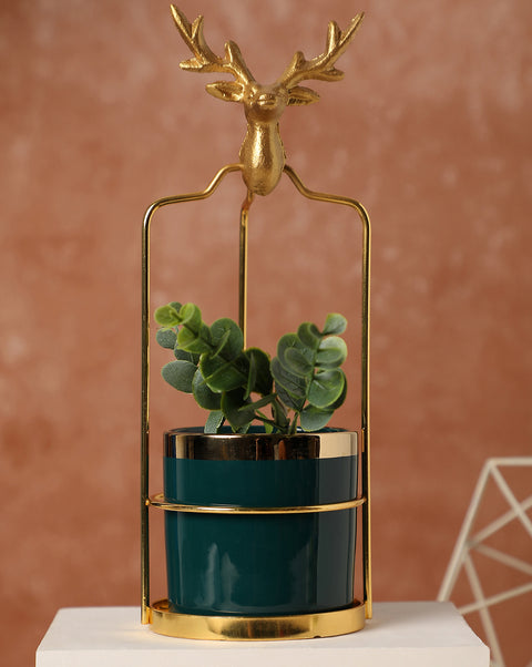 Green Ceramic Planter With Gold Stand