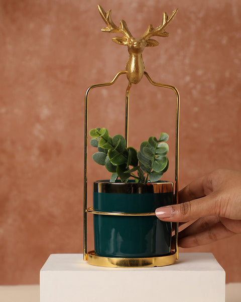 Green Ceramic Planter With Gold Stand