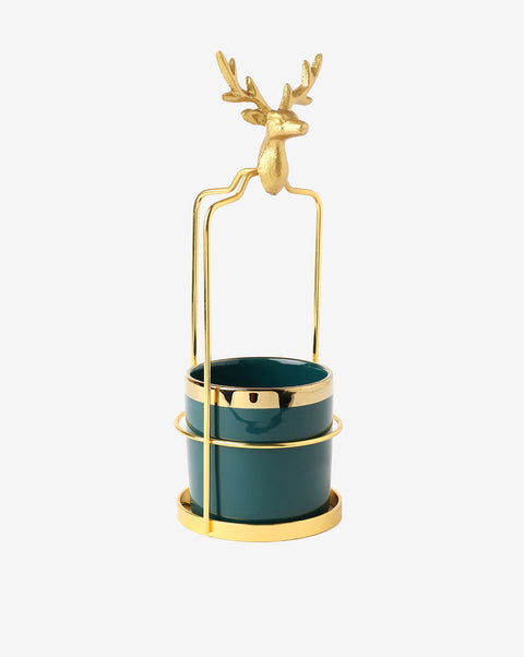 Green Ceramic Planter With Gold Stand