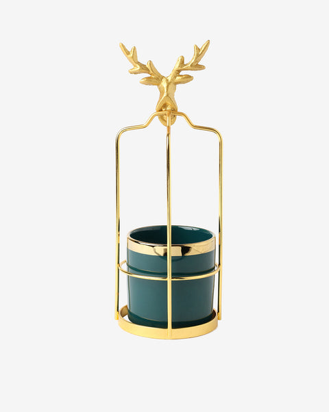 Green Ceramic Planter With Gold Stand