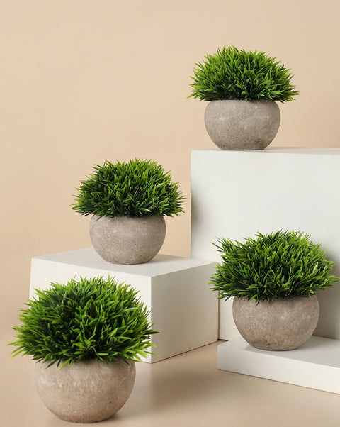 Faux Foliage In Grey Rustic Ceramic Pot | Set Of 4