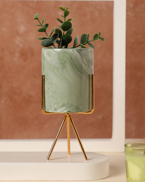 Green Marble Ceramic Planter With Golden Stand