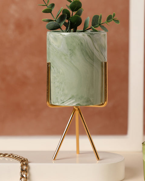 Green Marble Ceramic Planter With Golden Stand