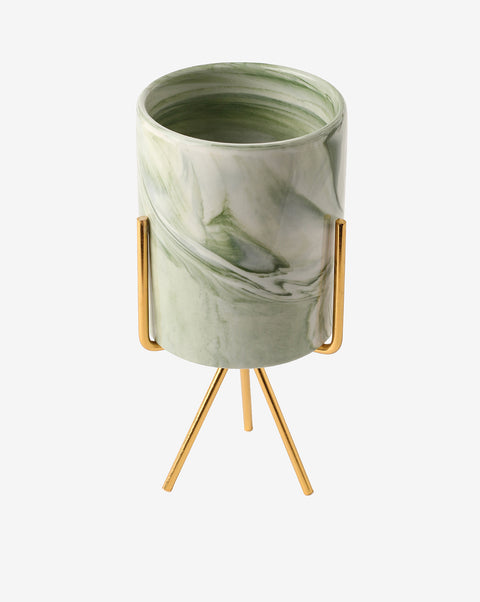 Green Marble Ceramic Planter With Golden Stand