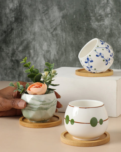 MULTICOLOURED MARBLE & ABSTRACT DESIGN ROUND CERAMIC POTS