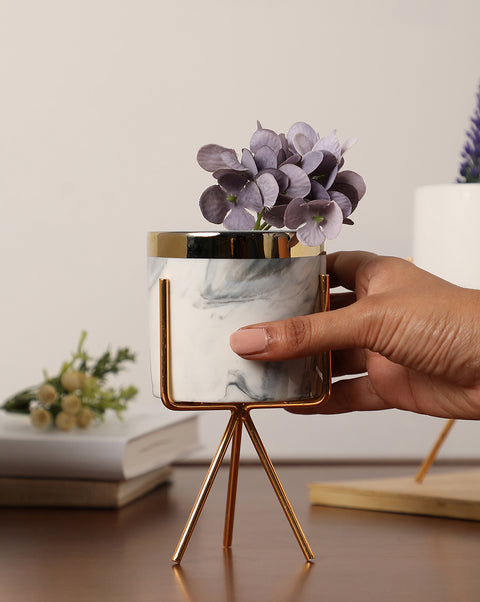 White & Grey Marble Ceramic Planter With Gold Three-Legged Stand