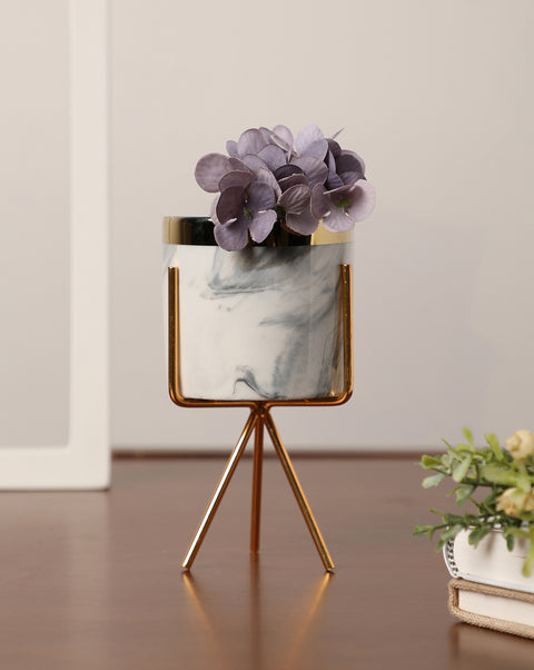 White & Grey Marble Ceramic Planter With Gold Three-Legged Stand