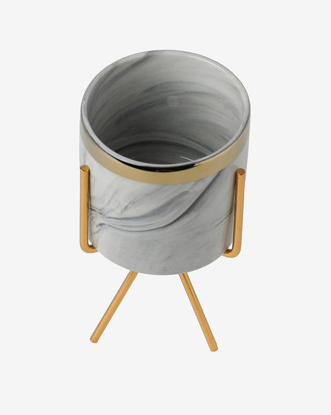 White & Grey Marble Ceramic Planter With Gold Three-Legged Stand