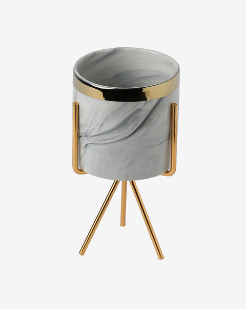 White & Grey Marble Ceramic Planter With Gold Three-Legged Stand