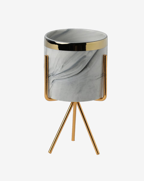 White & Grey Marble Ceramic Planter With Gold Three-Legged Stand