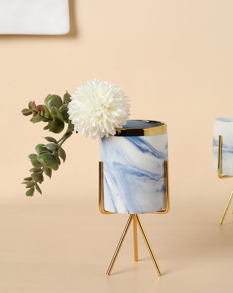 White & Blue Marble Ceramic Planter With Gold Three-Legged Stand