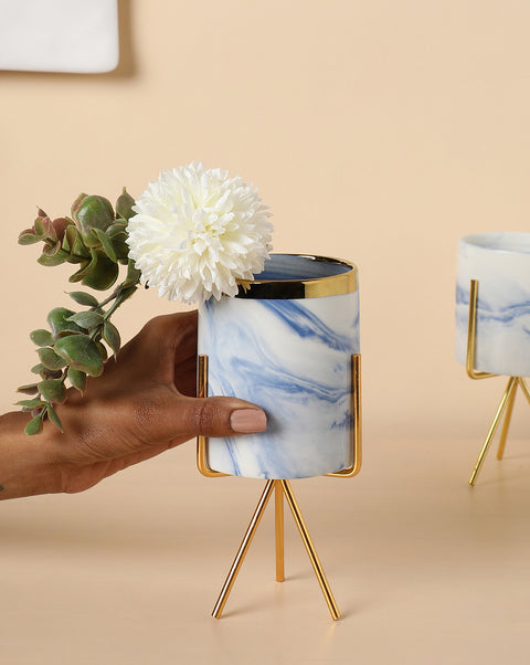 White & Blue Marble Ceramic Planter With Gold Three-Legged Stand